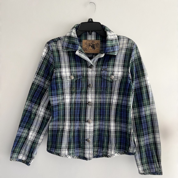 Faconnable Women’s Plaid Thick Button Up Denim Shacket Size M Cabincore Granola - Picture 2 of 9